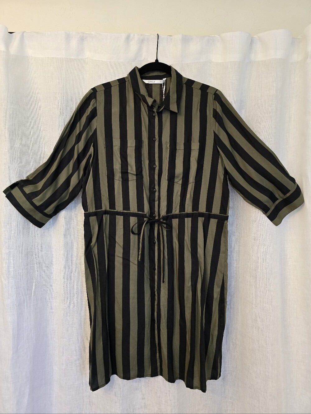 ONLY Olive & Black Striped Shirt Dress with Tie Waist